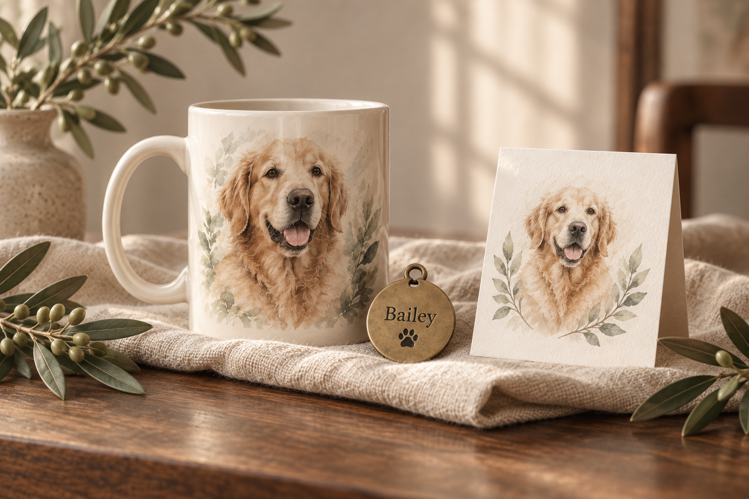 Personalized pet mug, brass tag and keepsake card