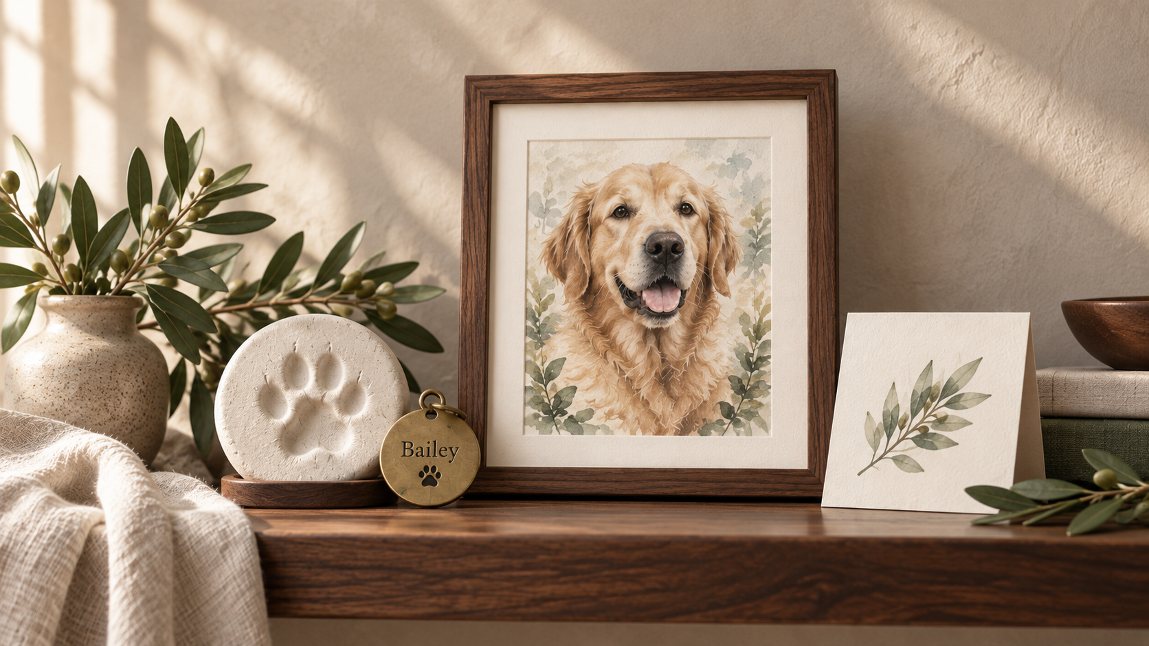 Pet memorial portrait, clay paw impression and engraved brass tag