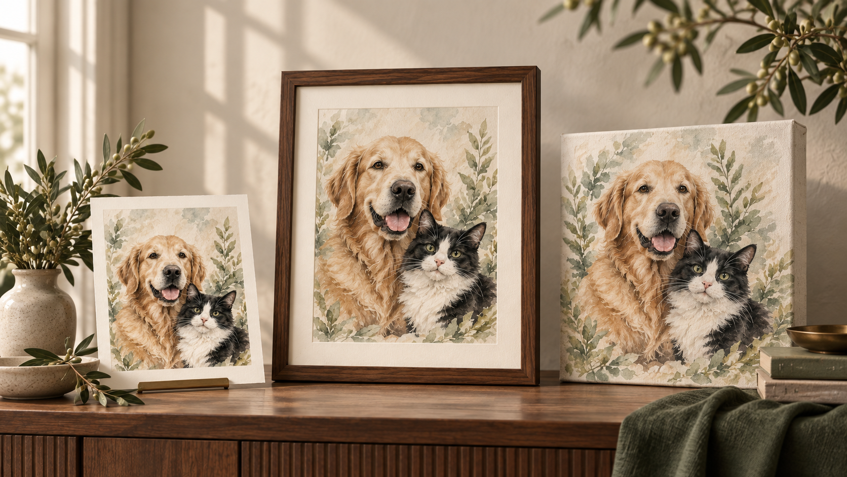 Digital print, walnut framed and canvas custom pet portraits